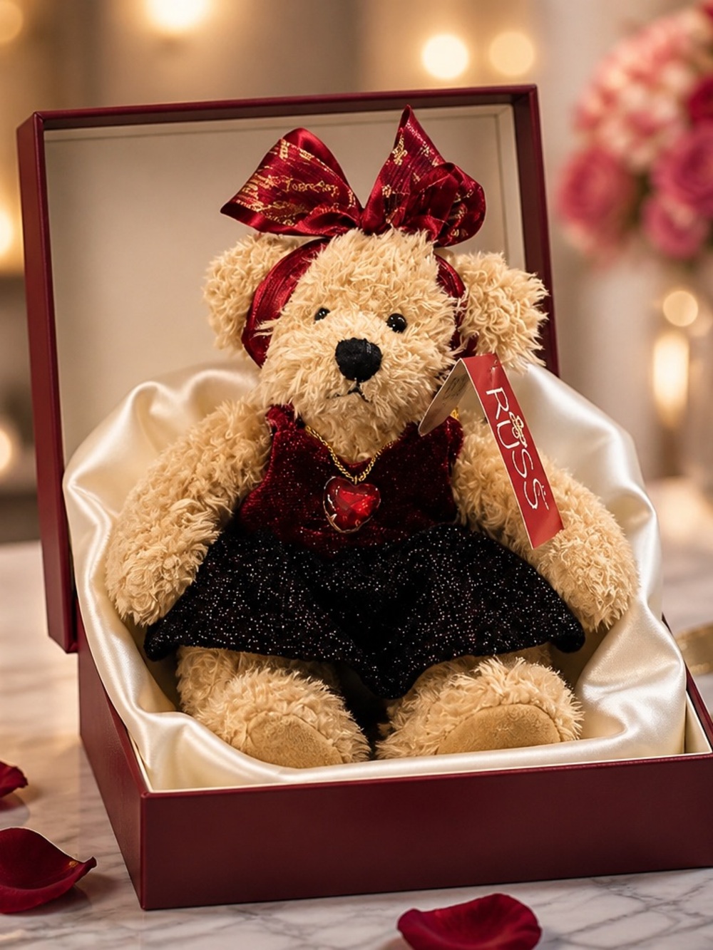 Russ Plush Bear in Red Velvet Top with Black Sparkle Skirt